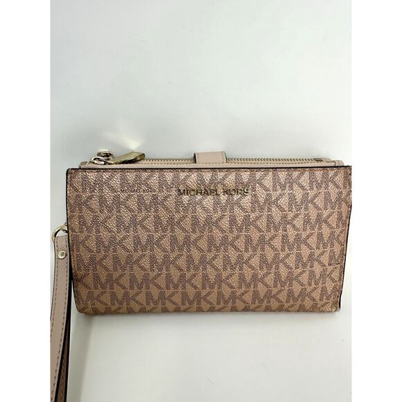 Michael Kors Jet Set Travel Double Zip Wristlet Pink Gold Bi Fold Wallet MK Logo - Picture 2 of 9